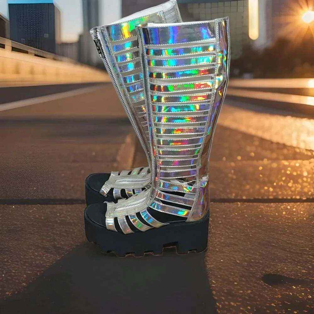 Current Mood Weekend Warrior Eclipse Knee High Iridescent Gladiator Boots Sz 6M